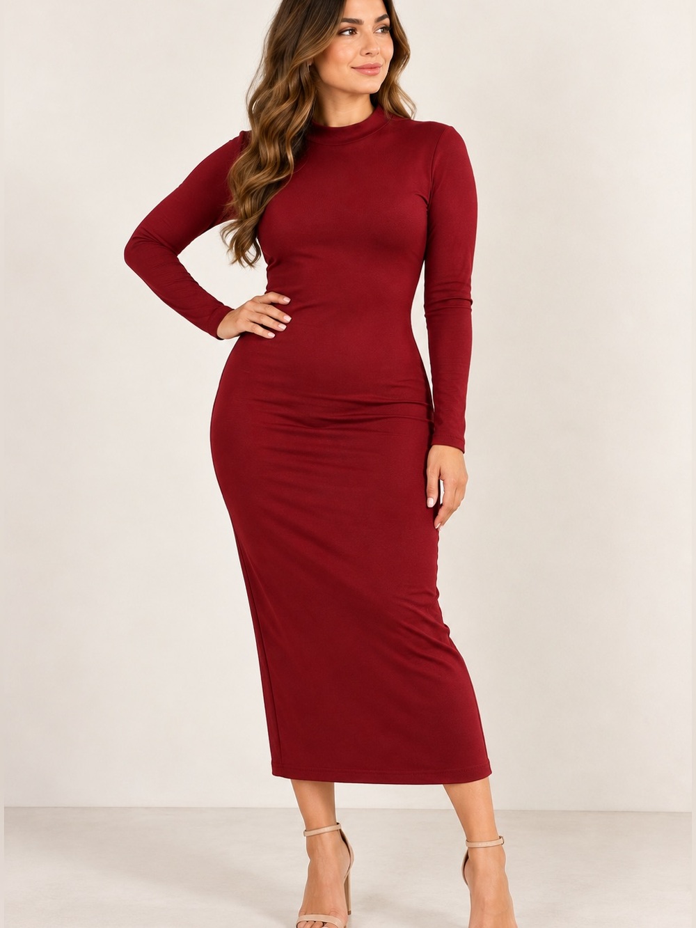 Fashion Nova Long Sleeve Burgundy Bodycon Midi